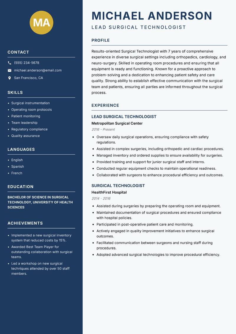 Surgical Technologist resume template — Classic Clean