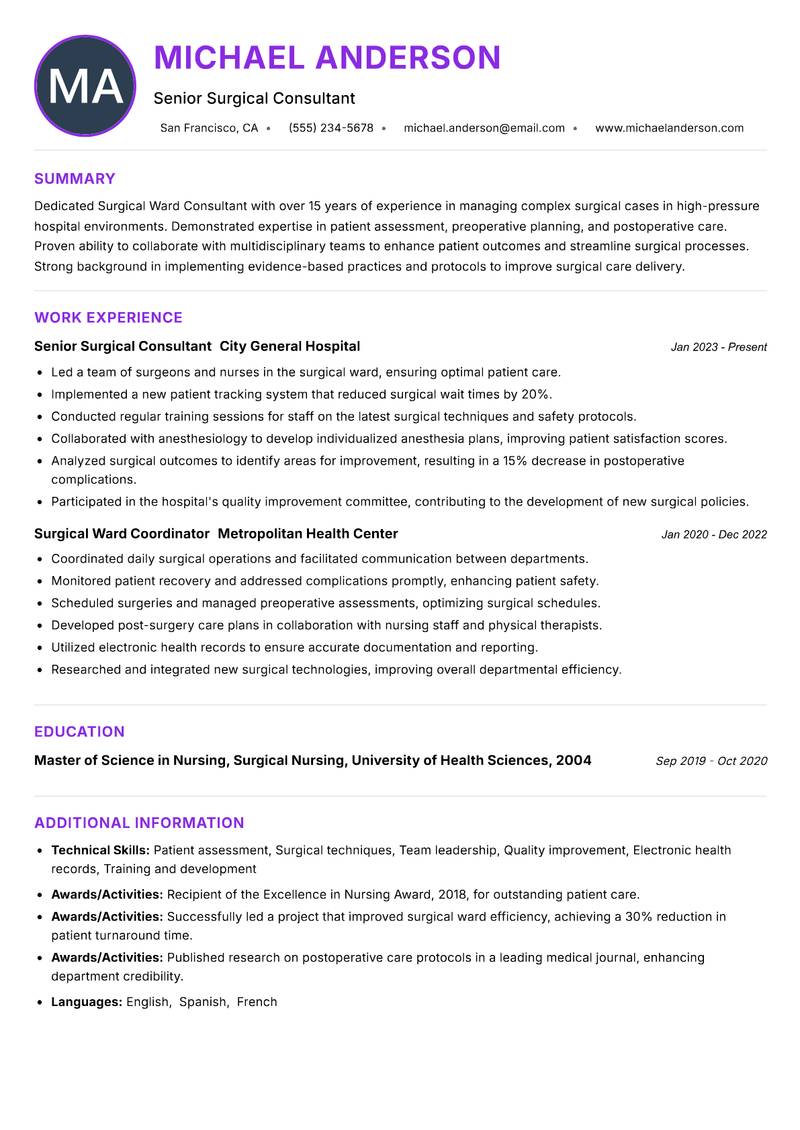 Surgical Ward Consultant resume example — ATS-friendly template