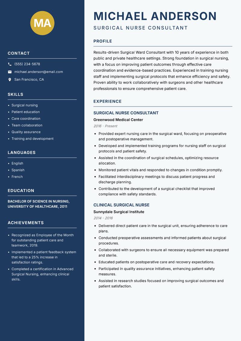 Surgical Ward Consultant resume template — Classic Clean
