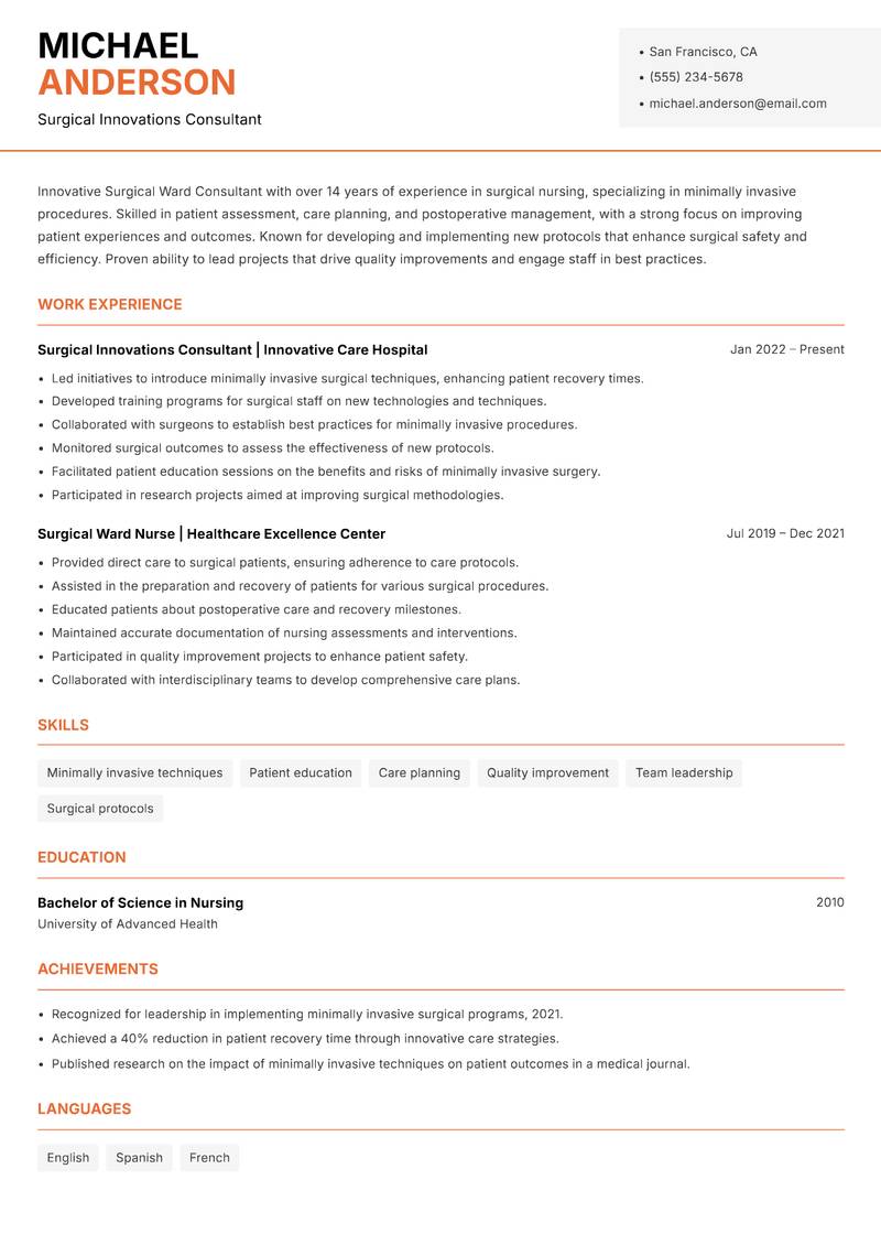 Surgical Ward Consultant resume template — Modern Professional