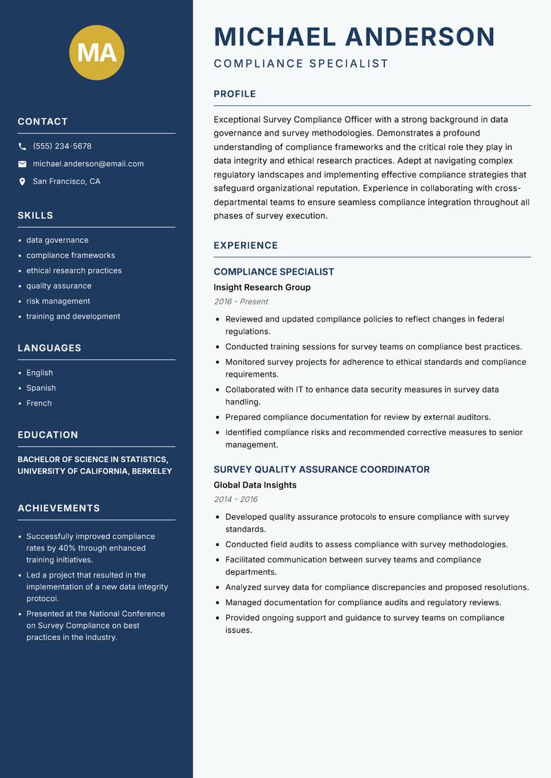 Survey Compliance Officer resume template — Classic Clean