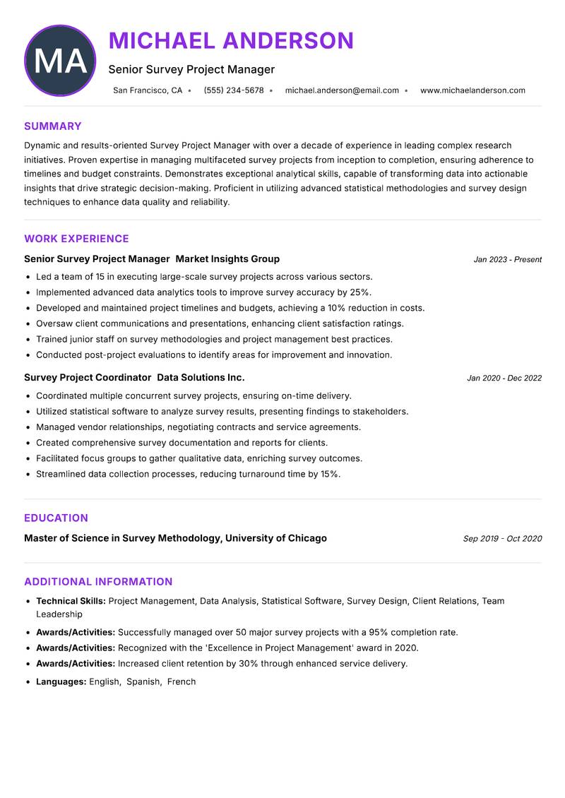 Survey Project Manager resume example — ATS-friendly template