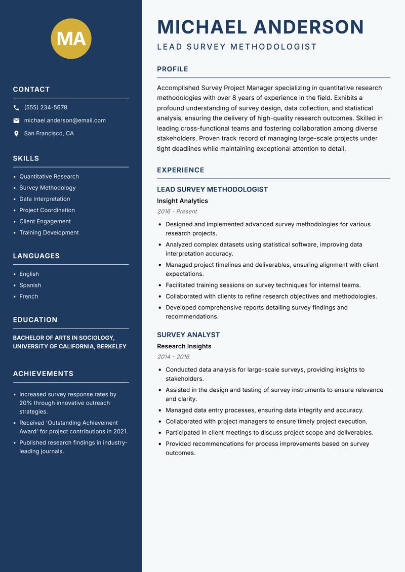 Survey Project Manager resume template — Classic Clean