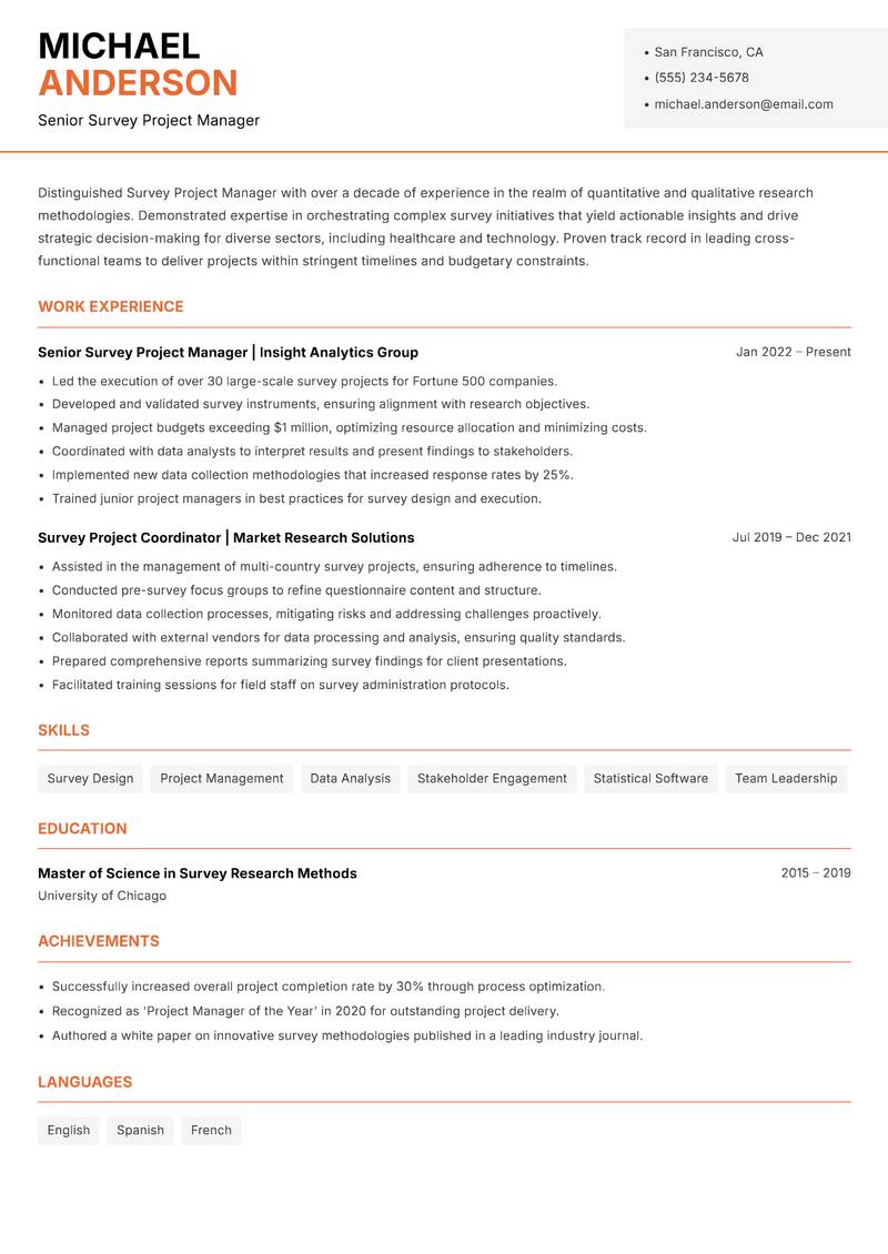 Survey Project Manager resume template — Modern Professional