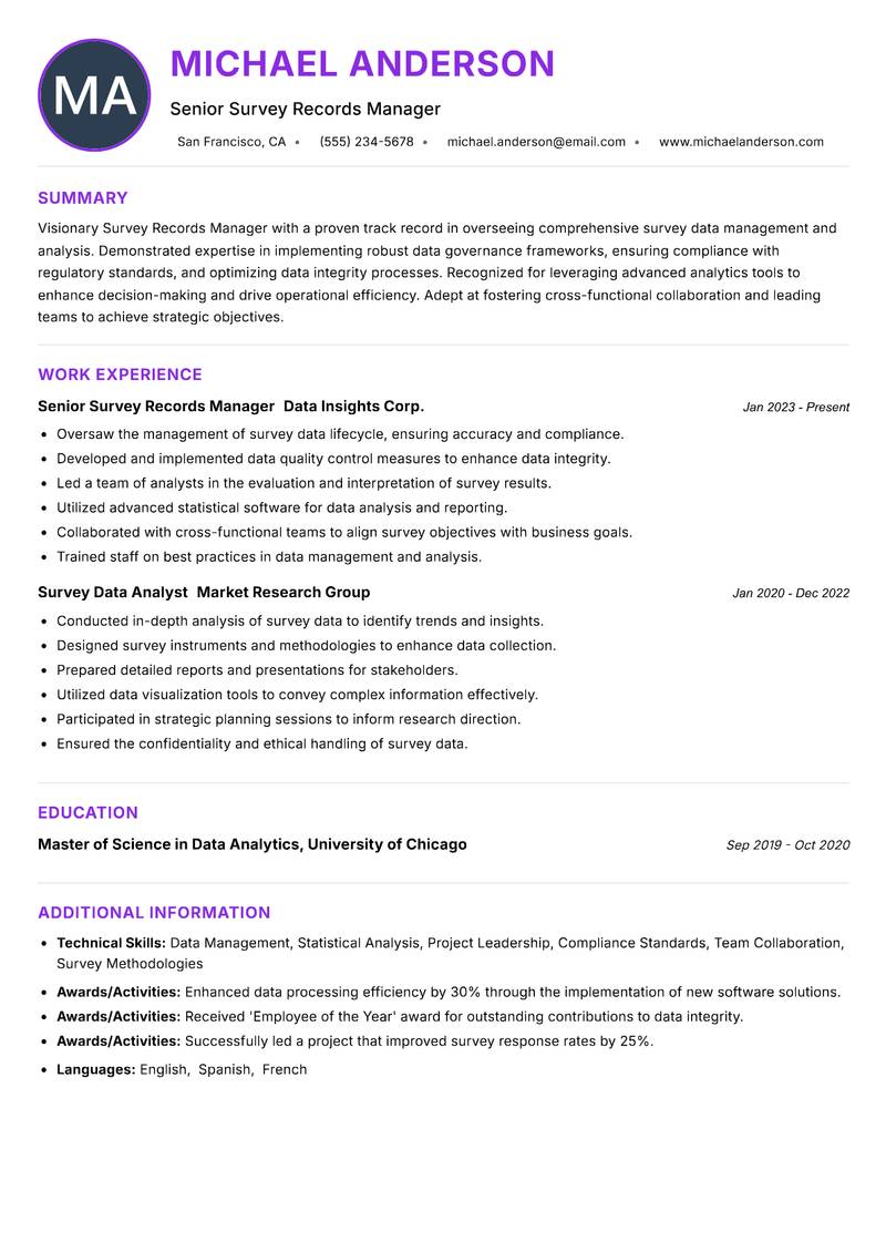 Survey Records Manager resume example — ATS-friendly template