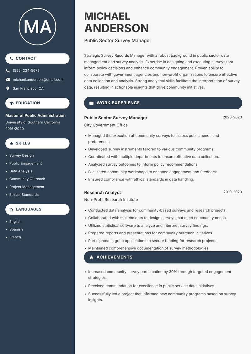 Survey Records Manager resume template — Compact