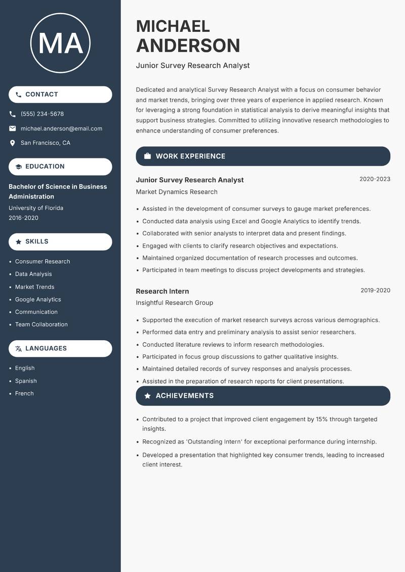 Survey Research Analyst resume template — Compact