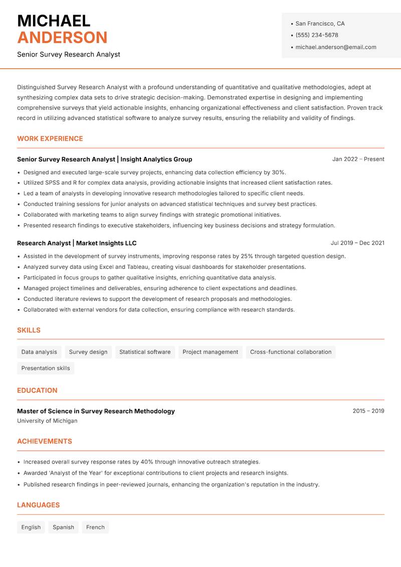 Survey Research Analyst resume template — Modern Professional