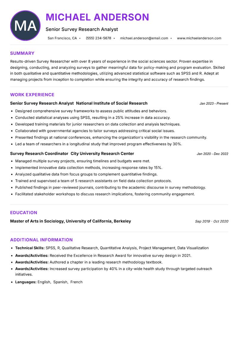 Survey Researcher resume example — ATS-friendly template