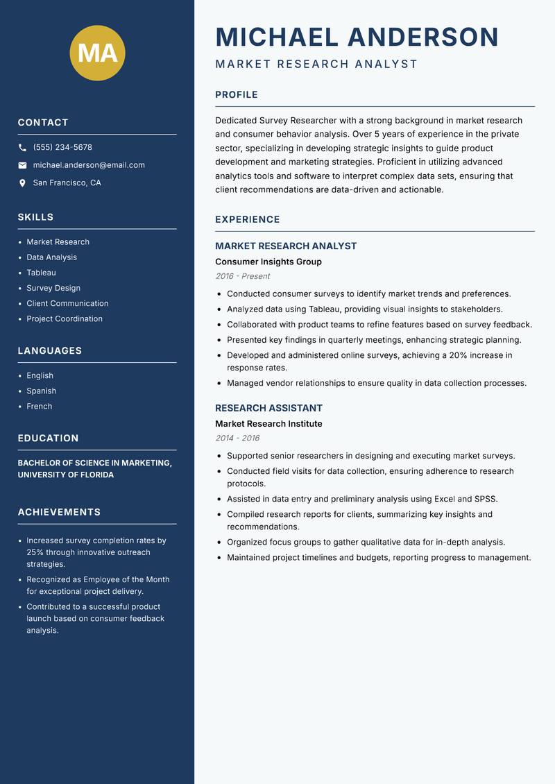 Survey Researcher resume template — Classic Clean
