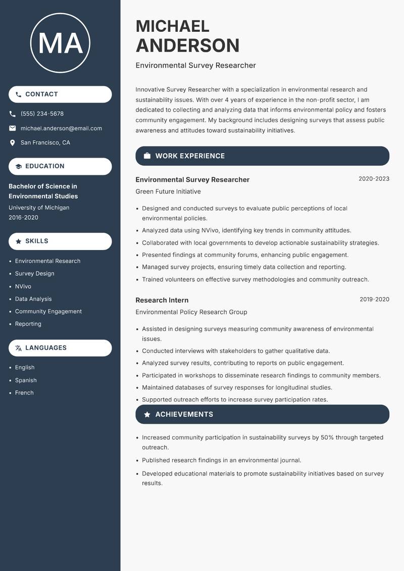Survey Researcher resume template — Compact