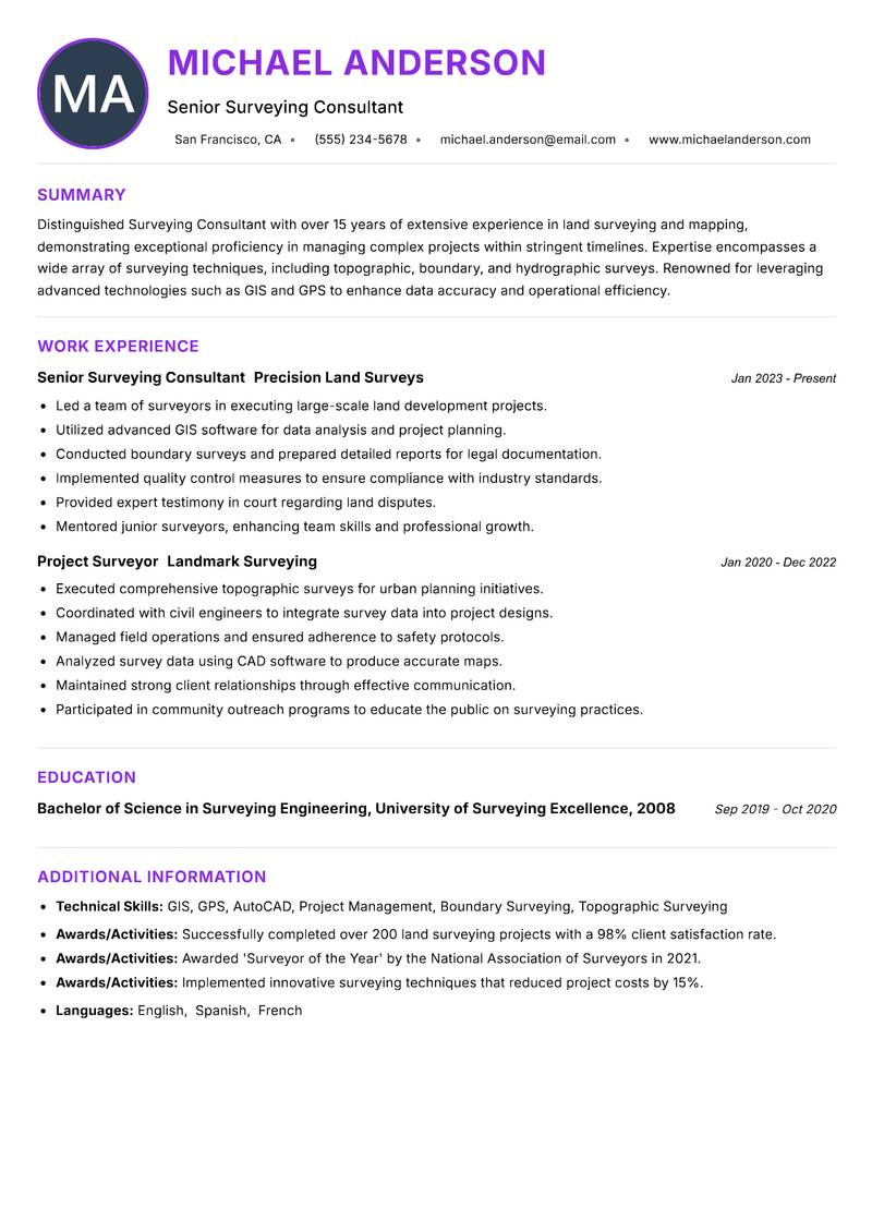 Surveying Consultant resume example — ATS-friendly template