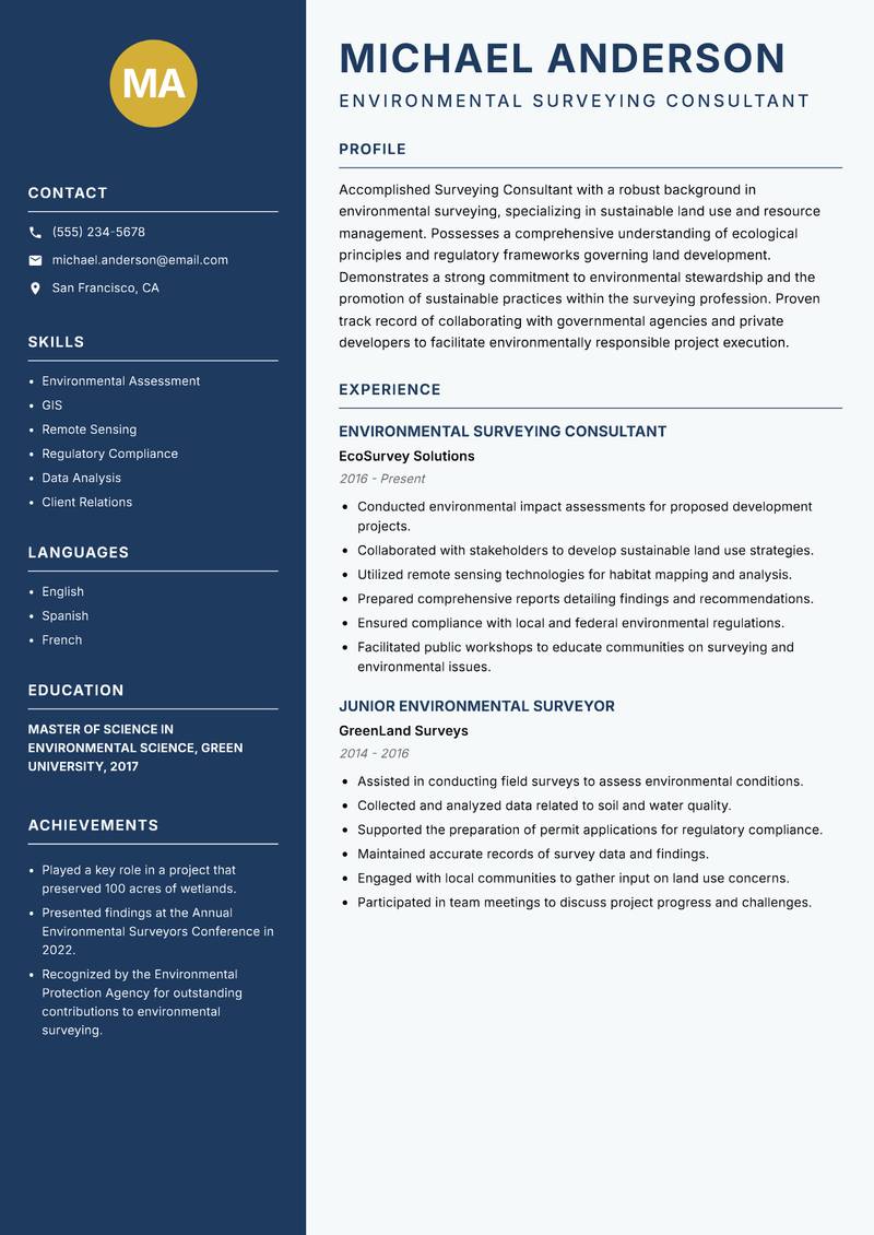 Surveying Consultant resume template — Classic Clean