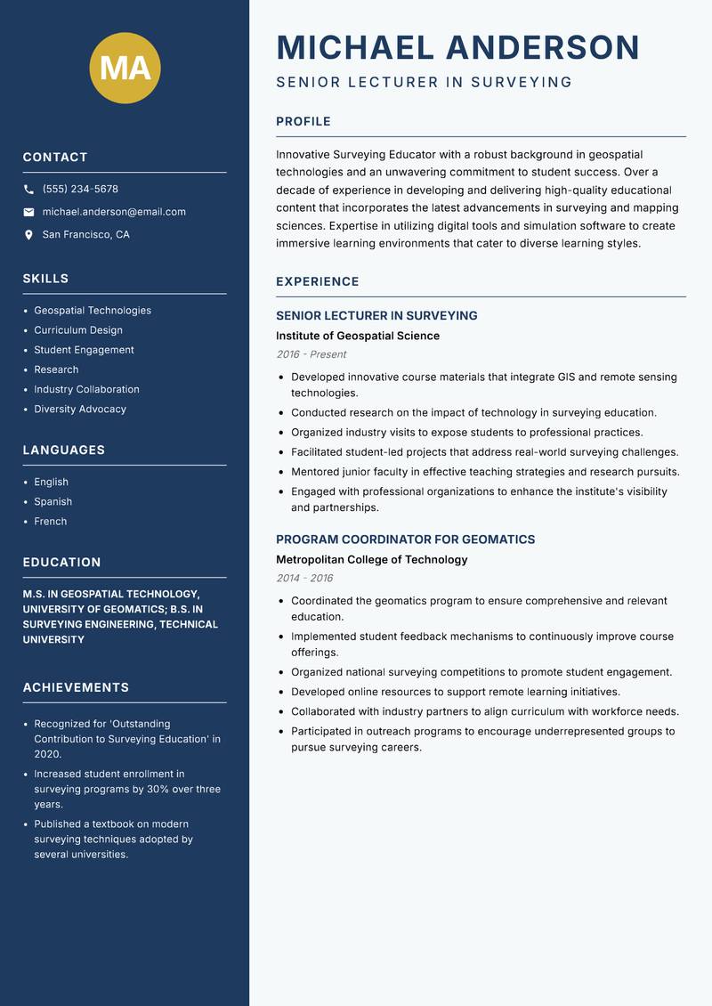 Surveying Educator resume template — Classic Clean
