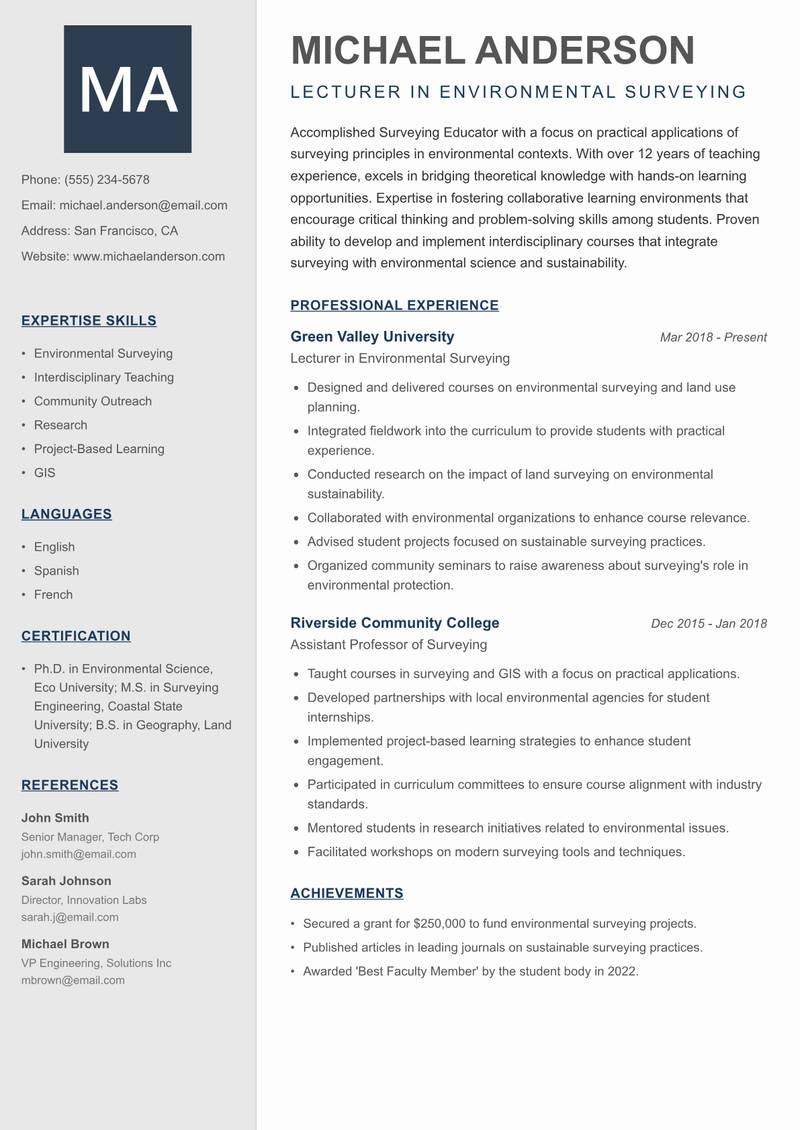 Surveying Educator resume template — Creative Minimal