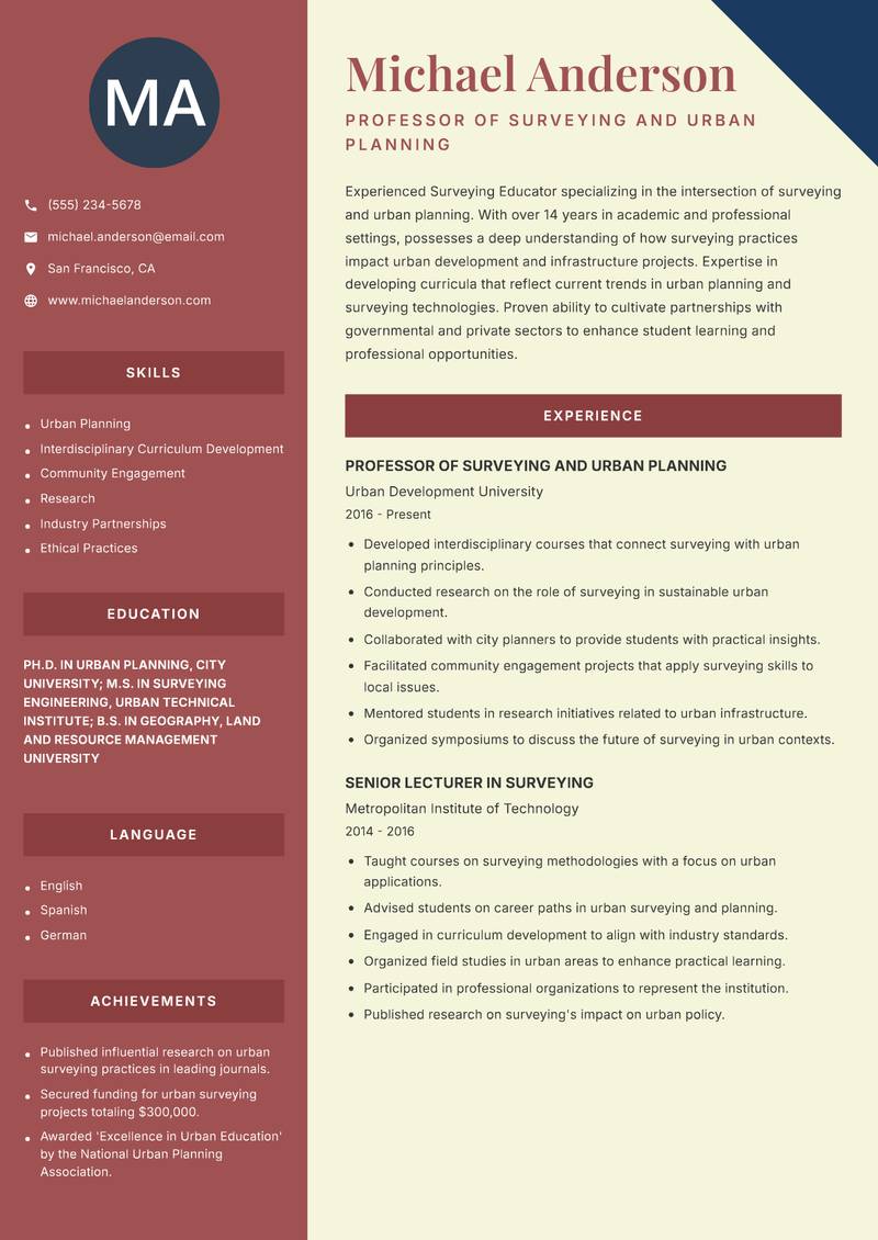 Surveying Educator resume template — Two Column