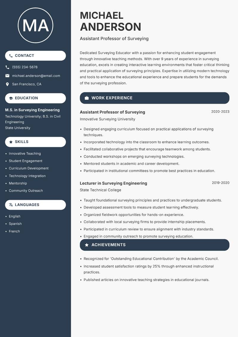 Surveying Educator resume template — Compact