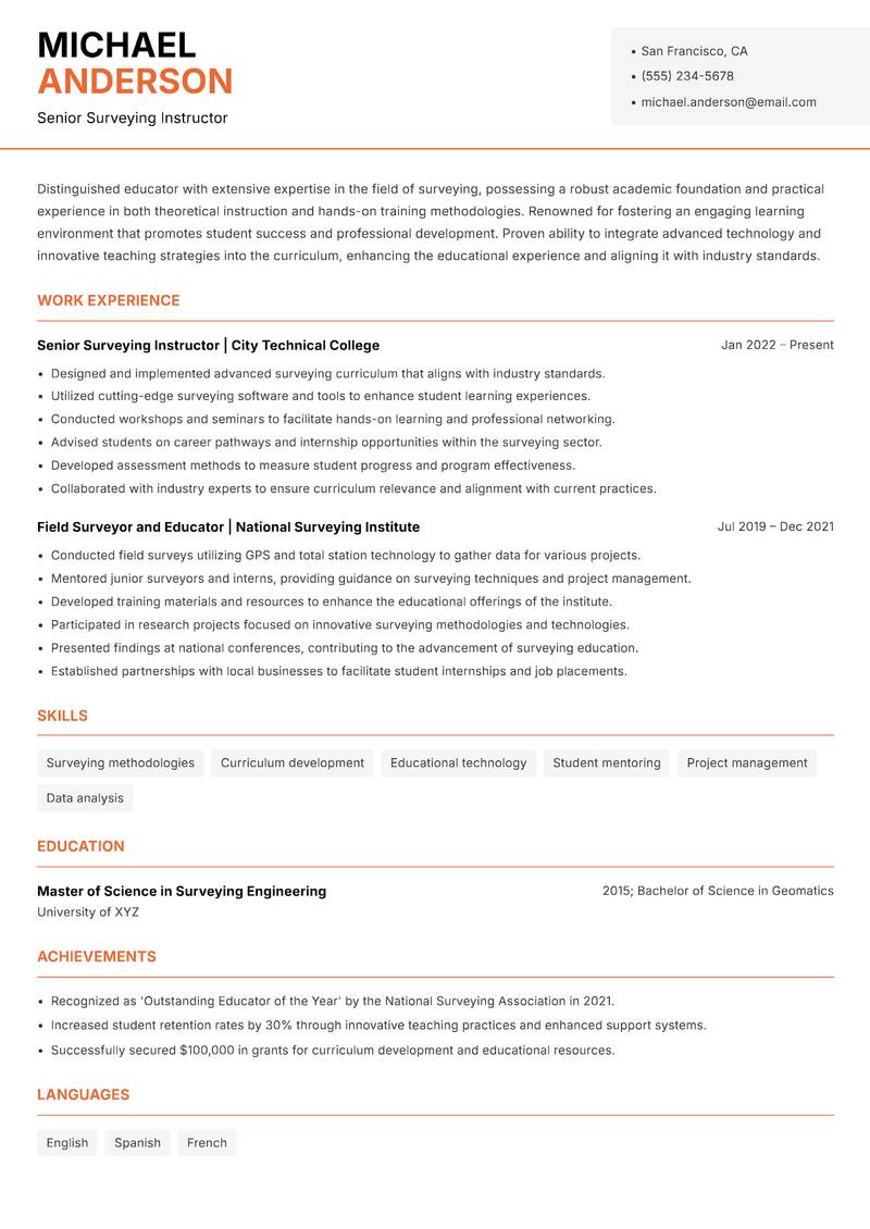 Surveying Educator resume template — Modern Professional