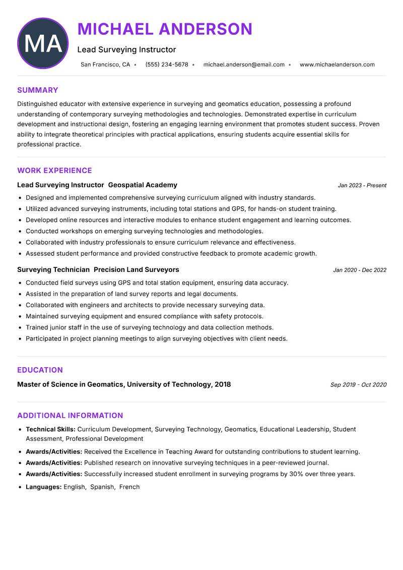 Surveying Instructor resume example — ATS-friendly template