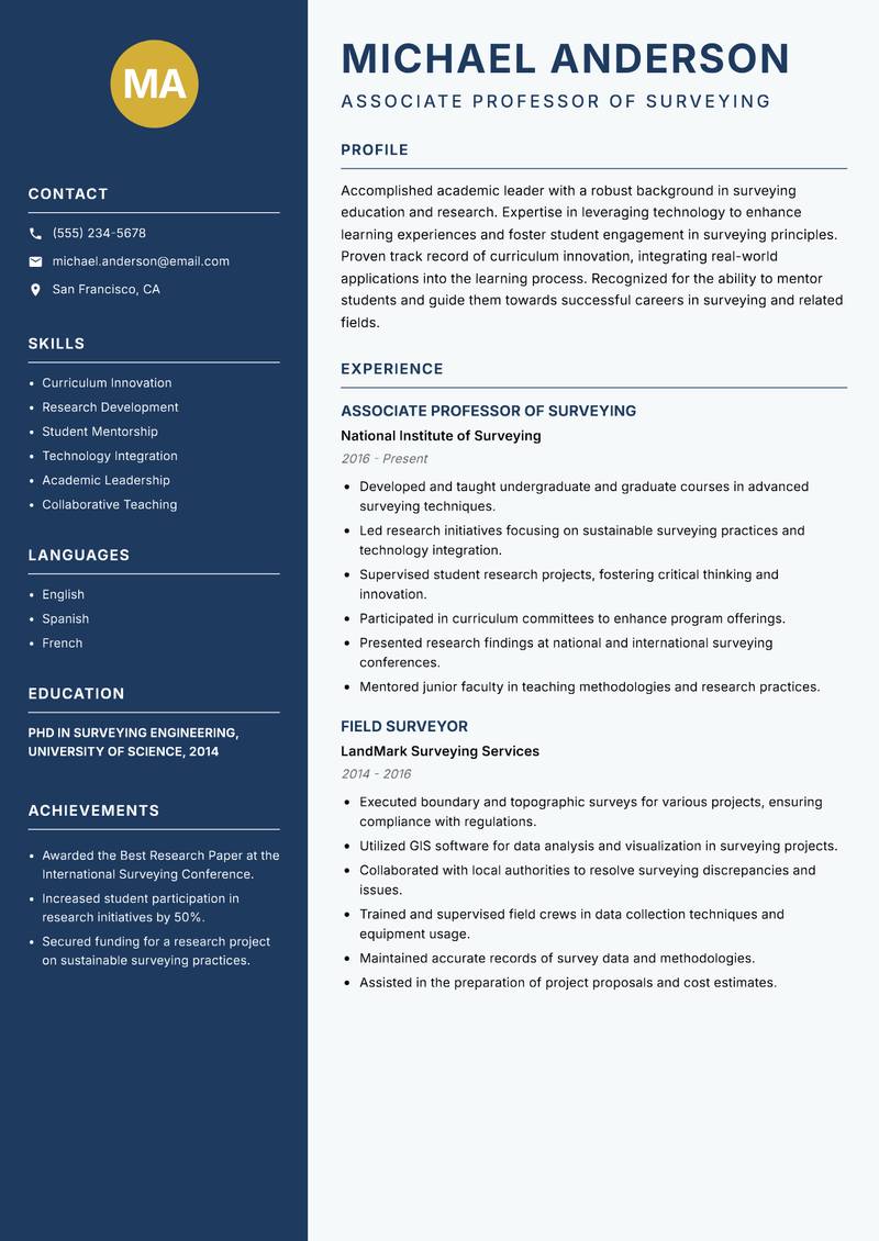 Surveying Instructor resume template — Classic Clean