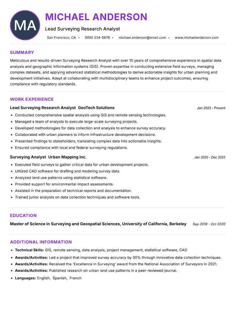 Surveying Research Analyst resume example — ATS-friendly template