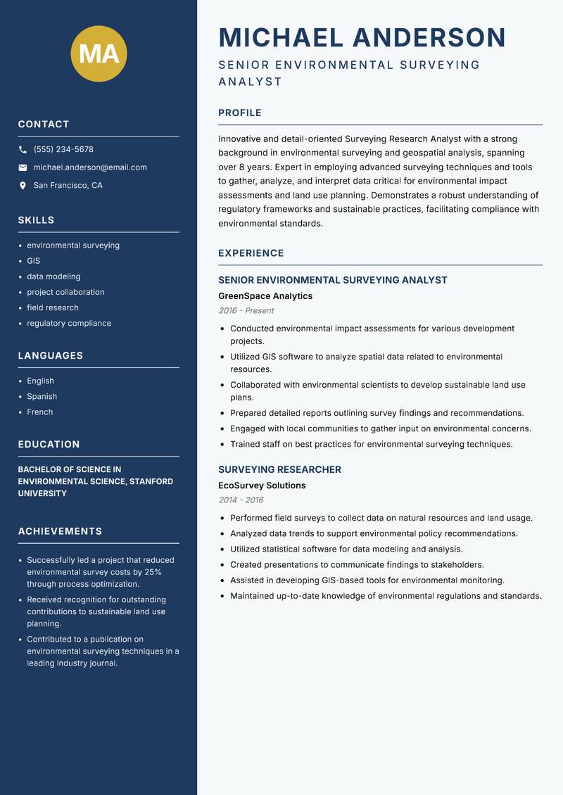 Surveying Research Analyst resume template — Classic Clean