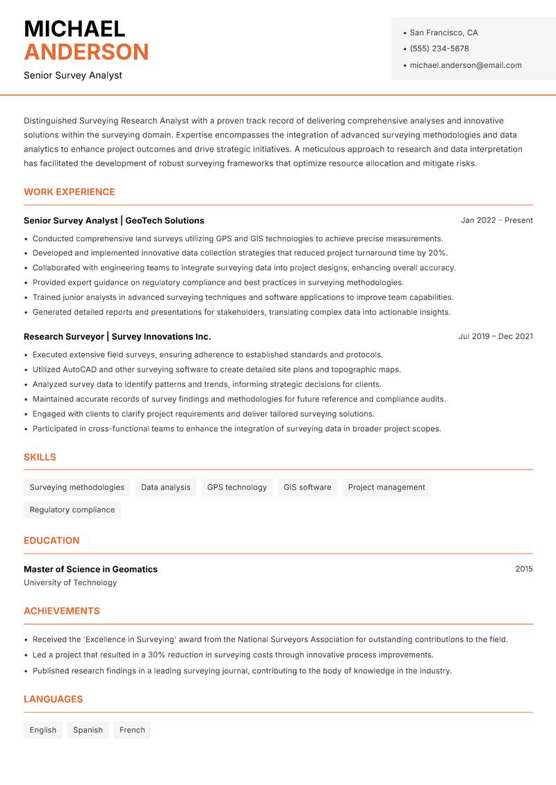 Surveying Research Analyst resume template — Modern Professional