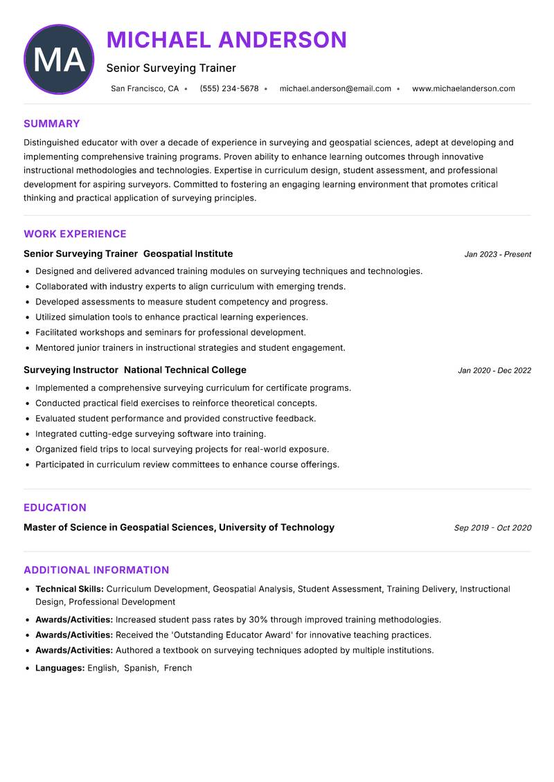 Surveying Trainer resume example — ATS-friendly template