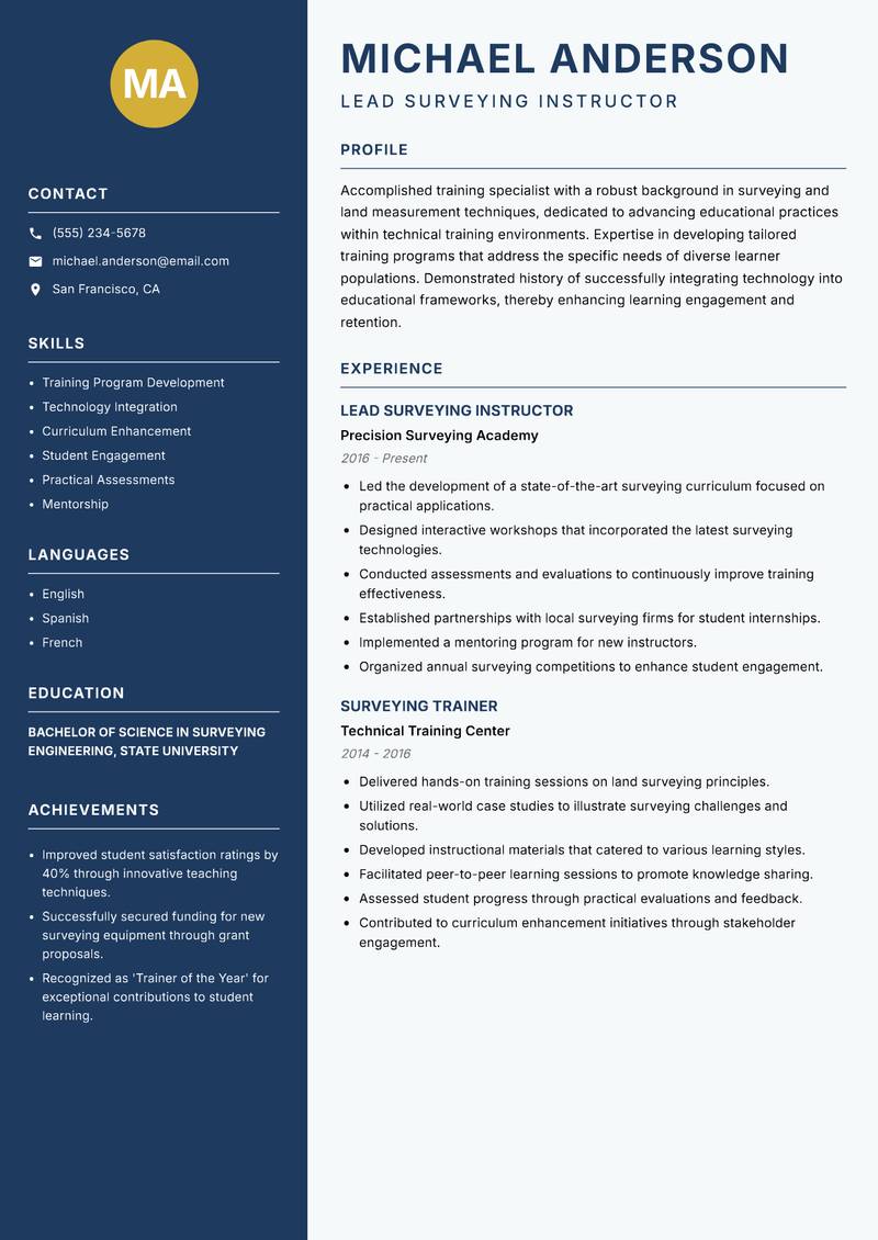 Surveying Trainer resume template — Classic Clean