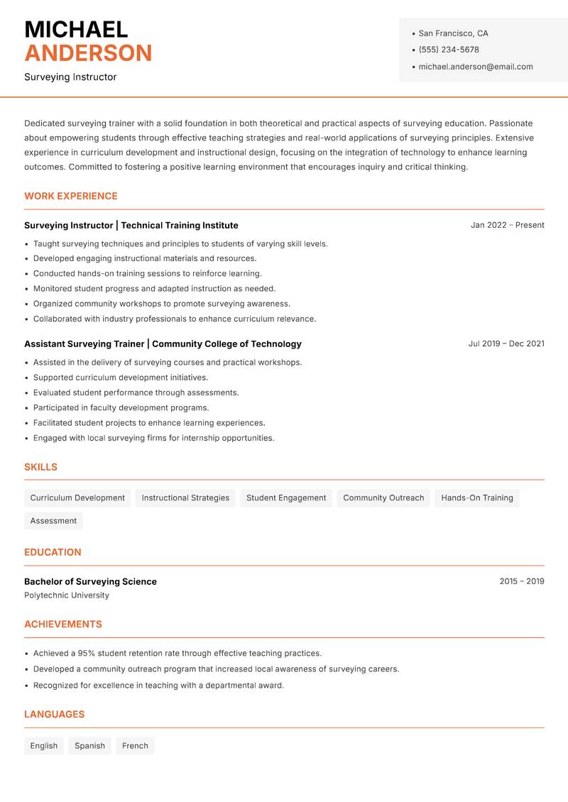 Surveying Trainer resume template — Modern Professional