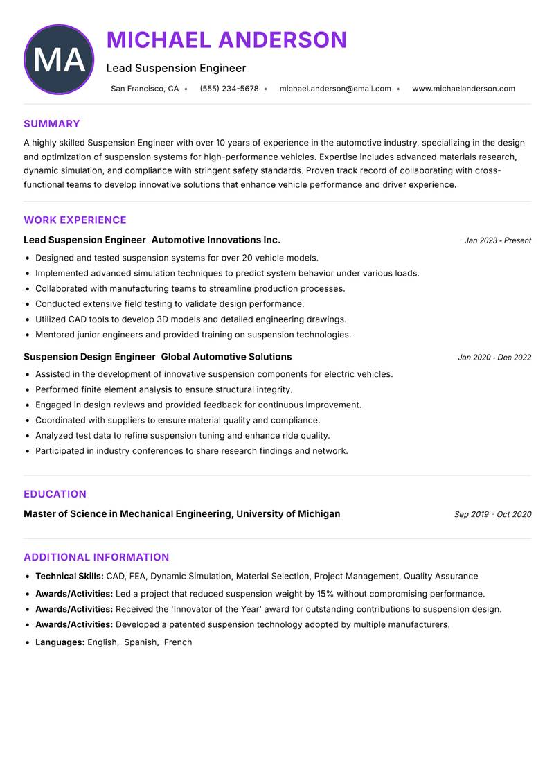 Suspension Engineer resume example — ATS-friendly template