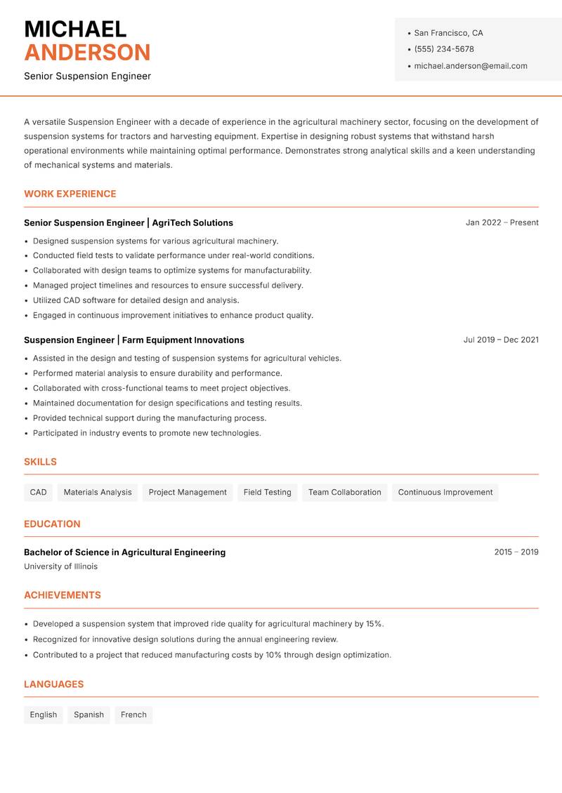 Suspension Engineer resume template — Modern Professional