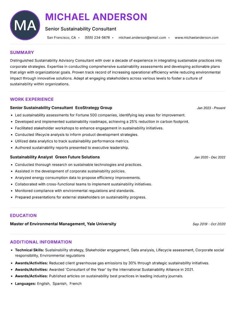 Sustainability Advisory Consultant resume example — ATS-friendly template