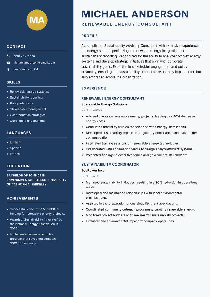 Sustainability Advisory Consultant resume template — Classic Clean