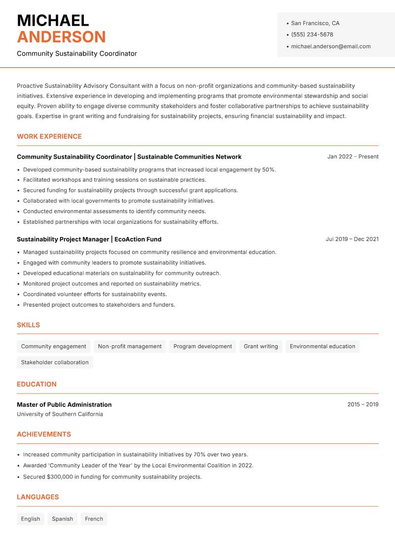 Sustainability Advisory Consultant resume template — Modern Professional