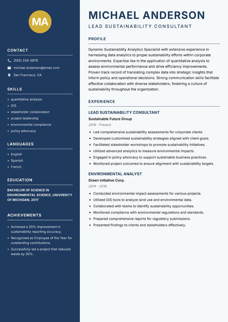 Sustainability Analytics Specialist resume template — Classic Clean