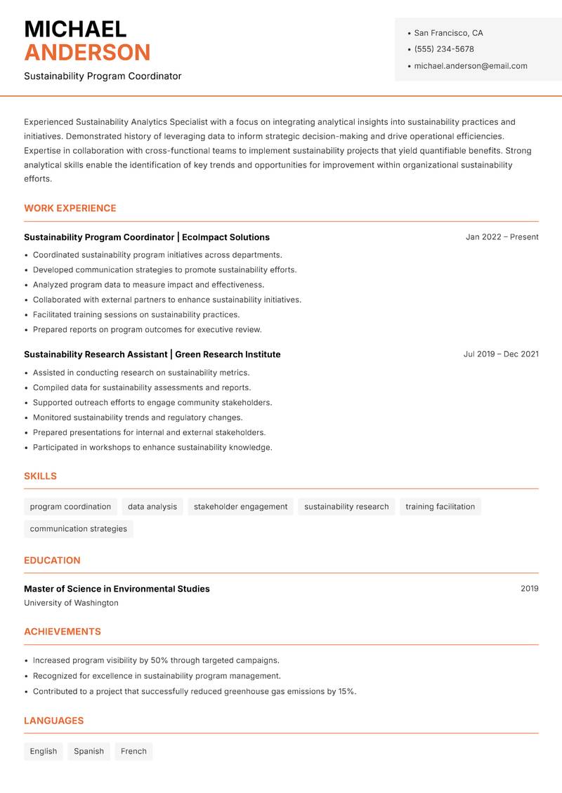 Sustainability Analytics Specialist resume template — Modern Professional