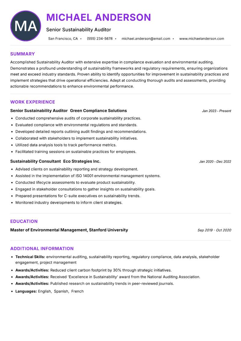 Sustainability Auditor resume example — ATS-friendly template