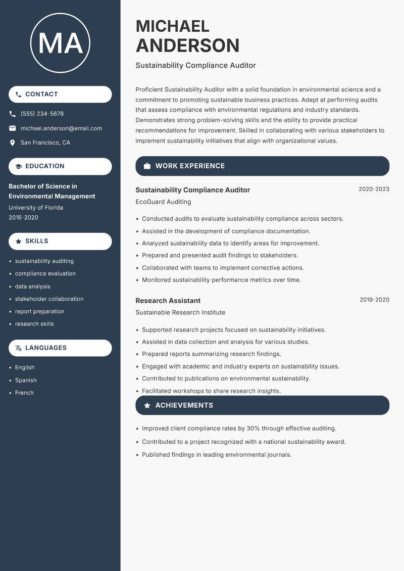 Sustainability Auditor resume template — Compact