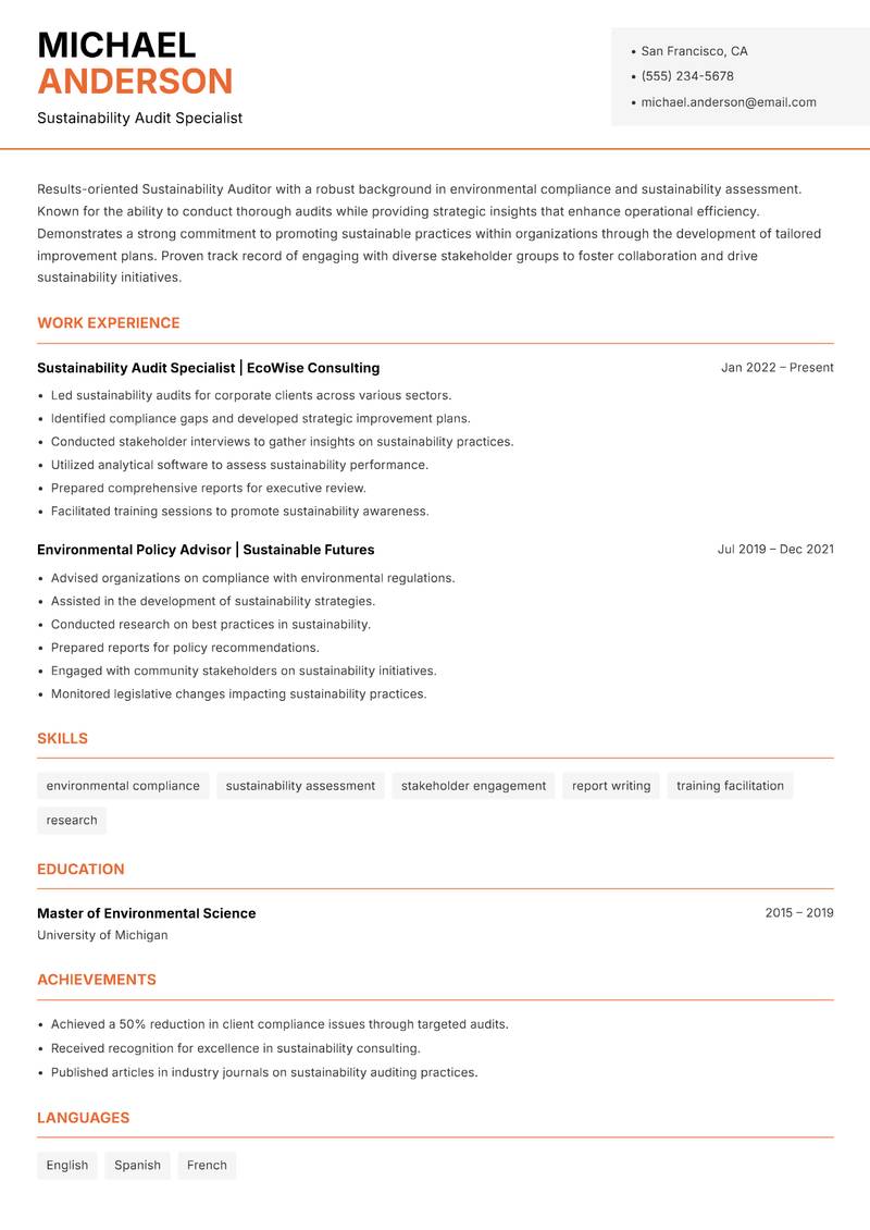 Sustainability Auditor resume template — Modern Professional