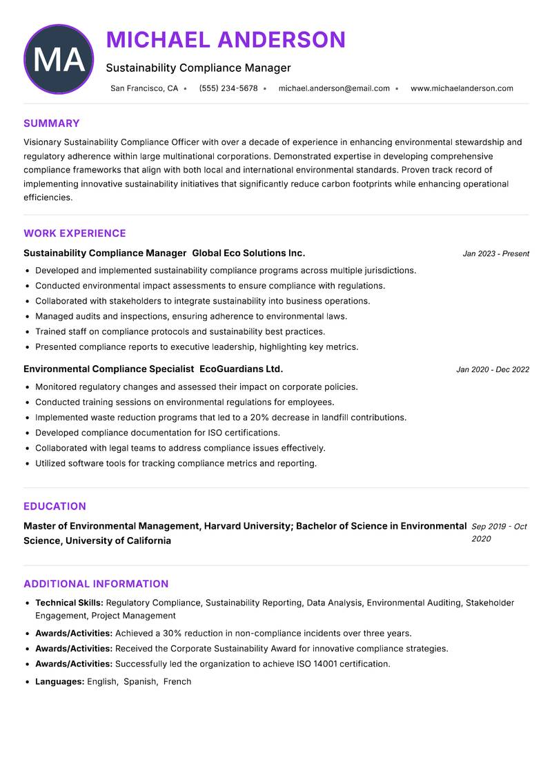 Sustainability Compliance Officer resume example — ATS-friendly template