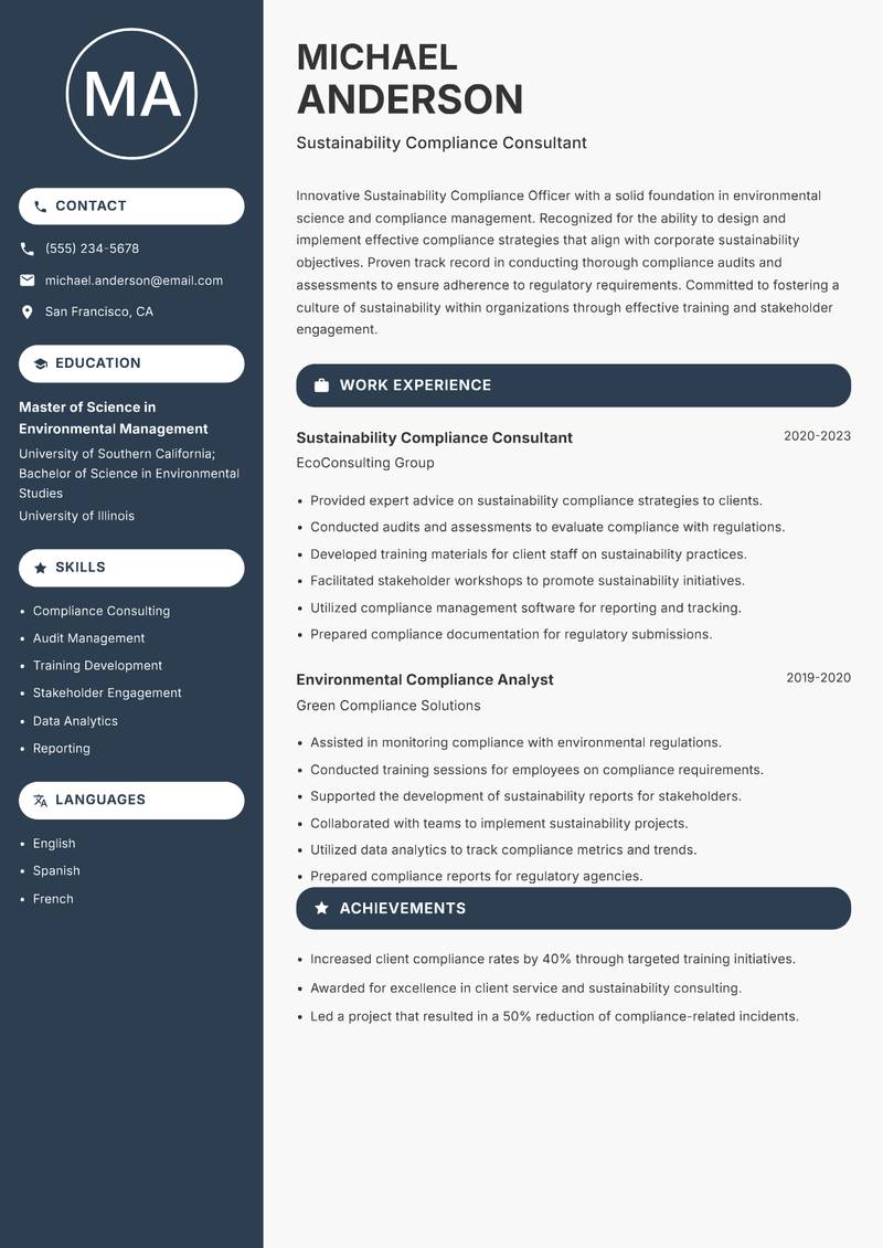 Sustainability Compliance Officer resume template — Compact