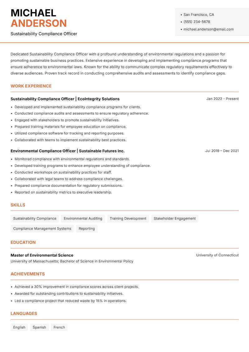 Sustainability Compliance Officer resume template — Modern Professional