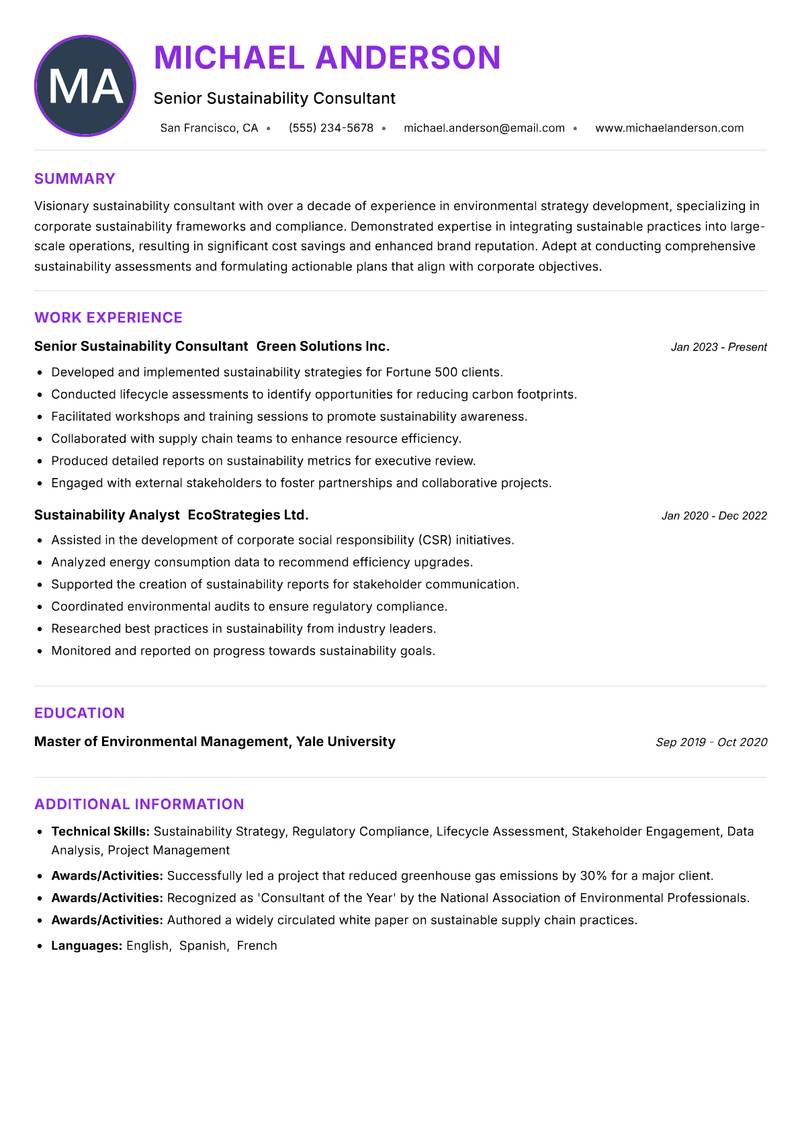Sustainability Consultant resume example — ATS-friendly template