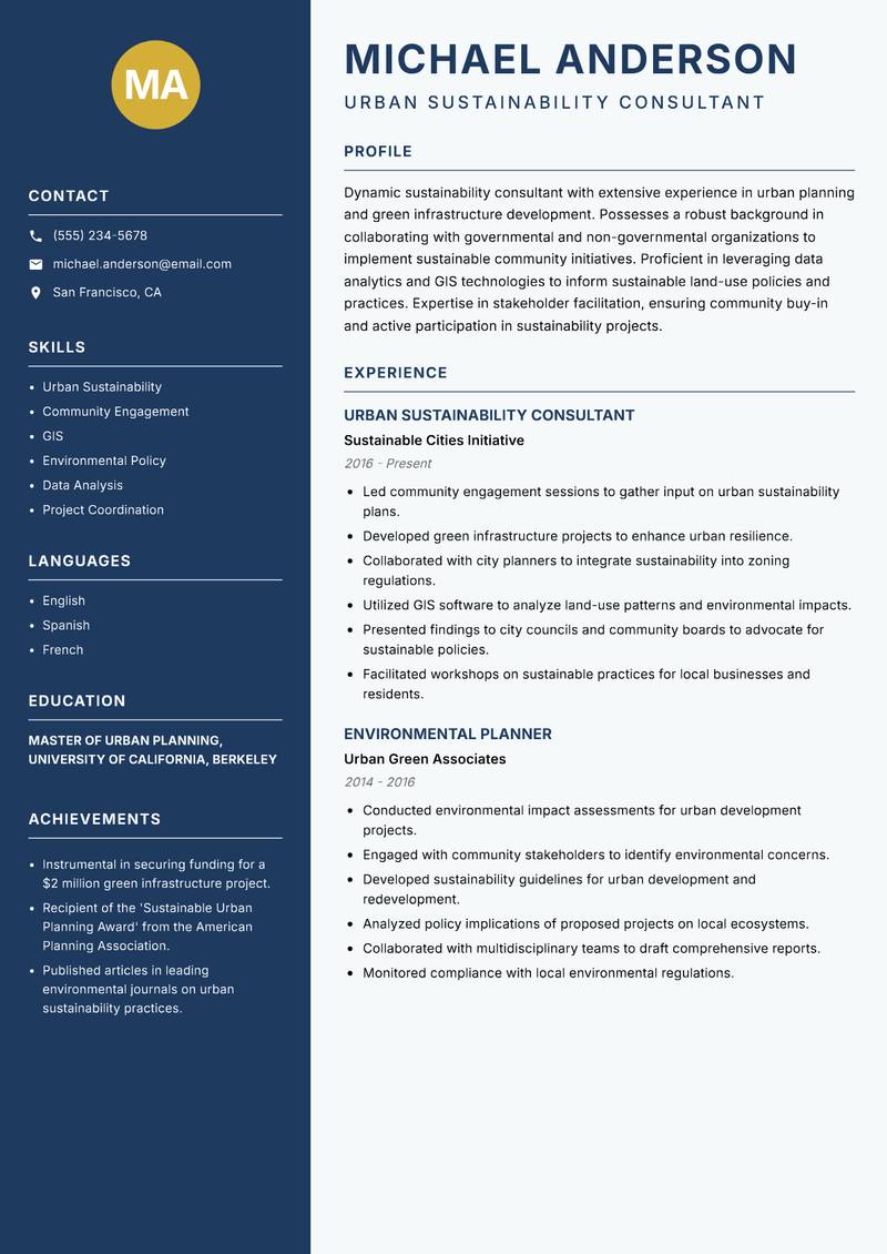 Sustainability Consultant resume template — Classic Clean