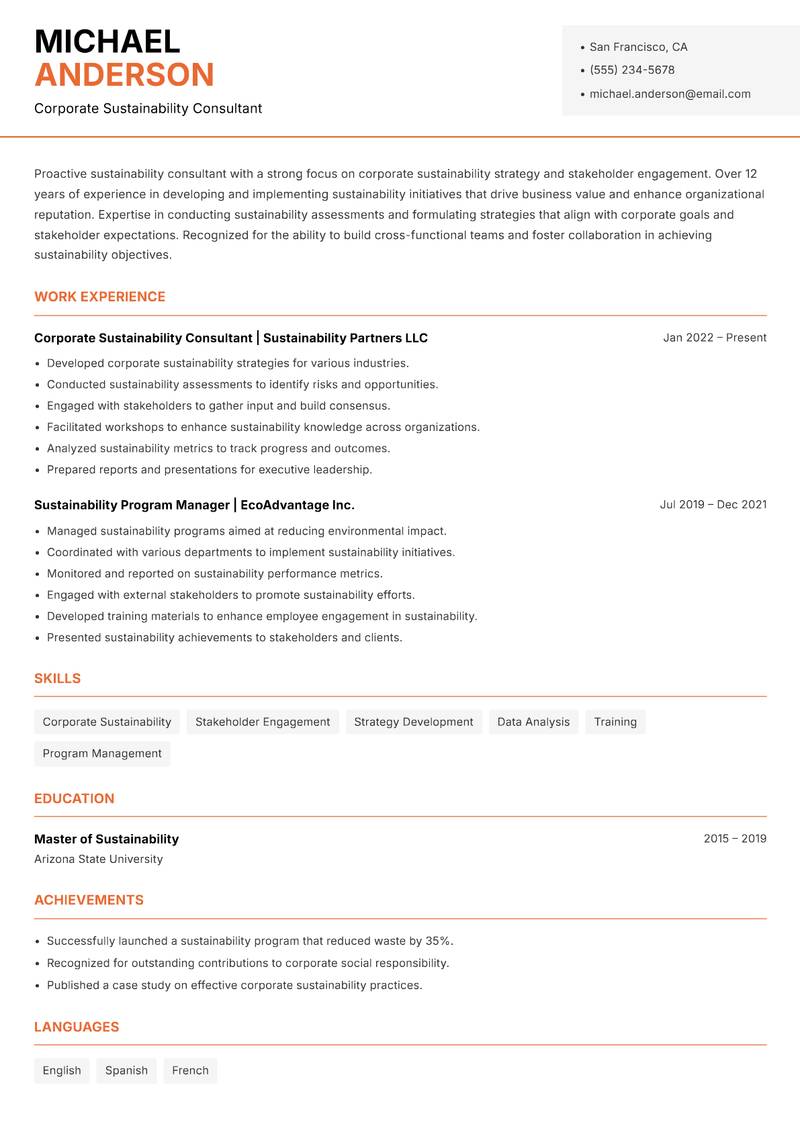 Sustainability Consultant resume template — Modern Professional