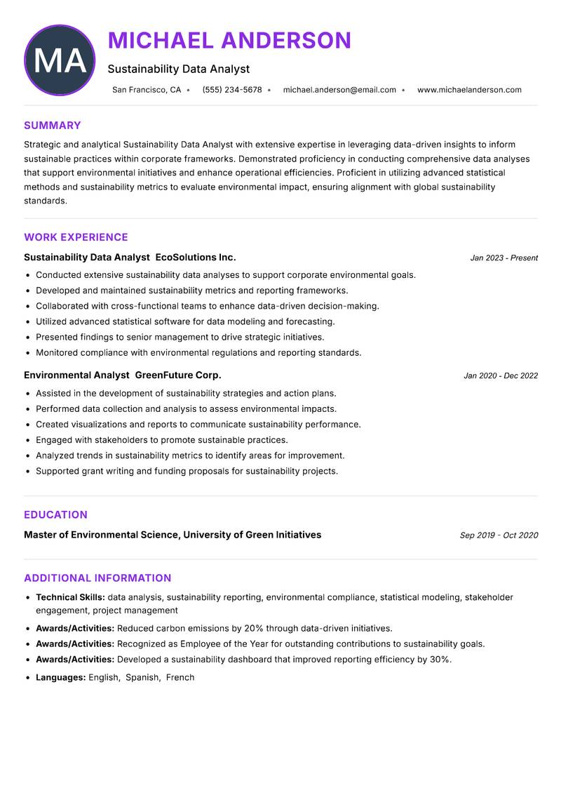 Sustainability Data Analyst resume example — ATS-friendly template