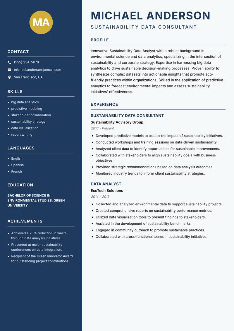 Sustainability Data Analyst resume template — Classic Clean
