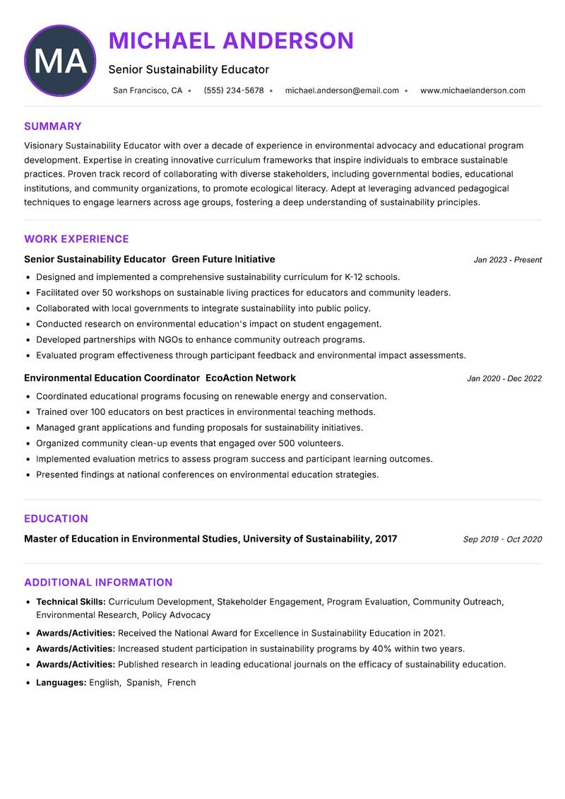 Sustainability Educator resume example — ATS-friendly template