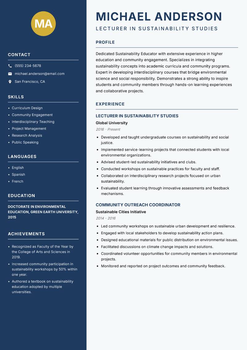 Sustainability Educator resume template — Classic Clean